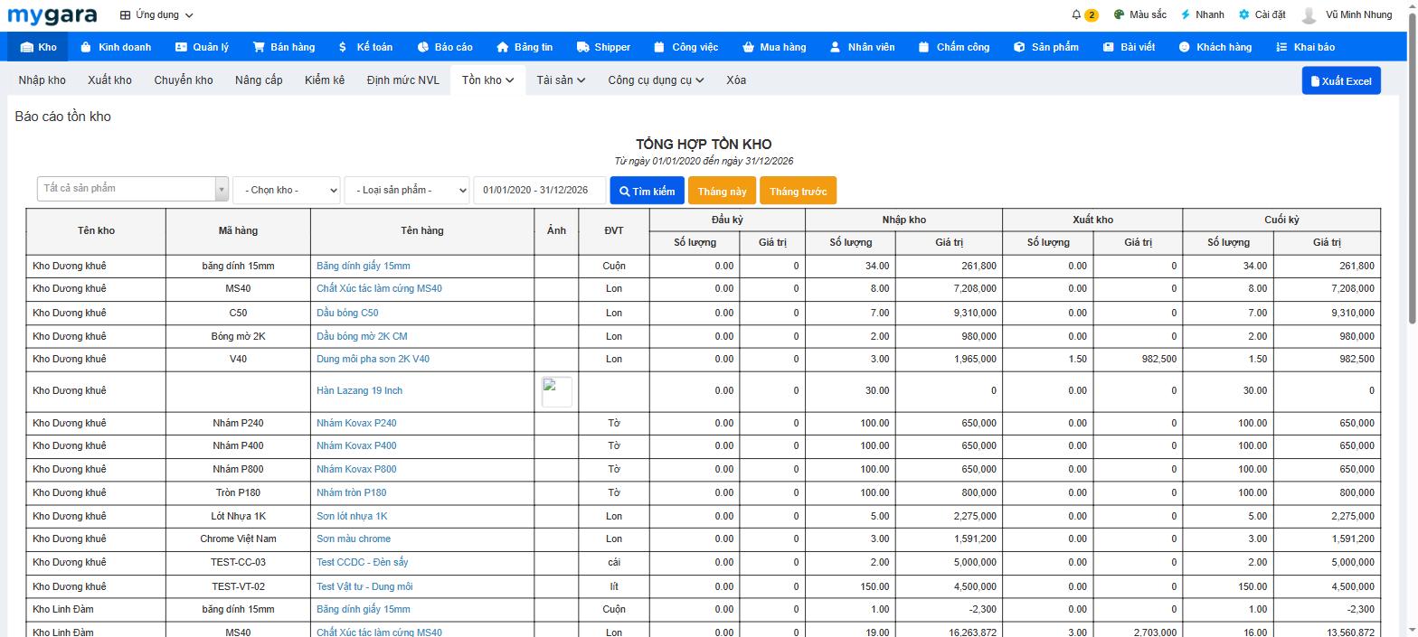 Báo cáo tổng hợp nhập xuất tồn